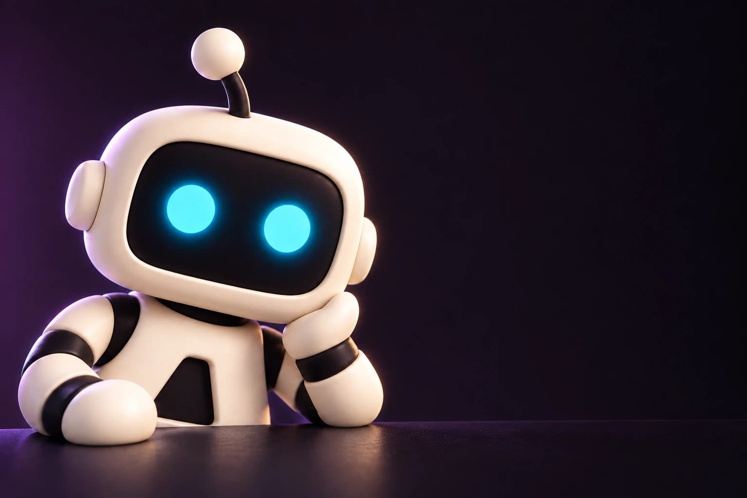 Abhi, the community bot, resting its head on one hand.