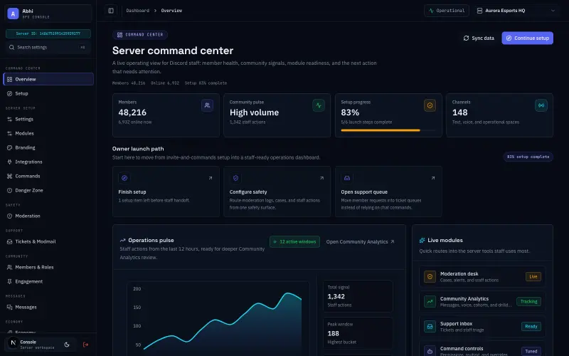 Abhi dashboard command center showing server command center metrics and live modules.